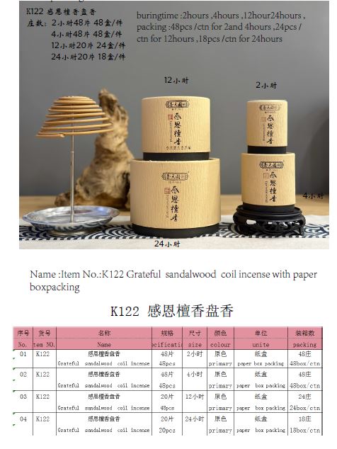 产品型号：K122，产品名称 :感恩檀香盘香