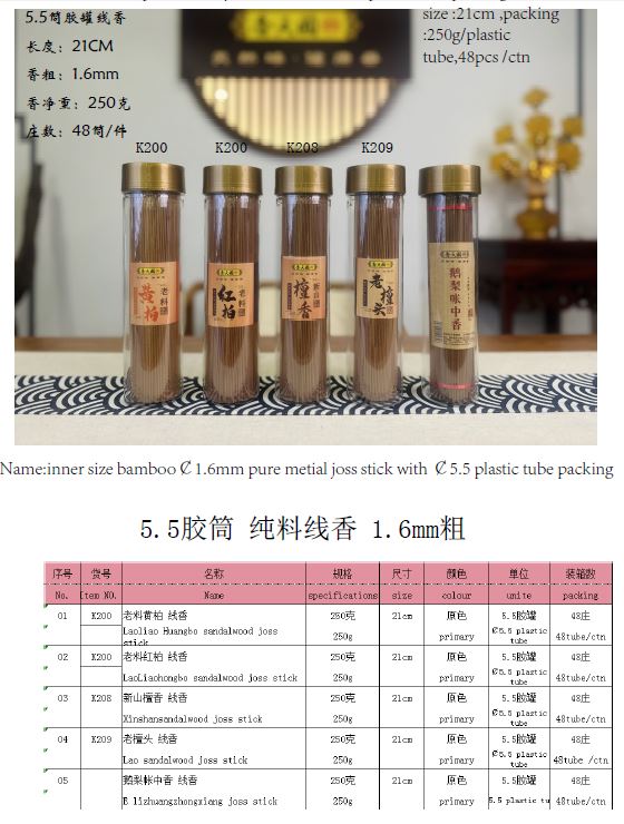 产品型号：K200，产品名称 :老料黄柏线香, 产品型号：K200，产品名称 :老料红柏线香, 产品型号：K208，产品名称 :新山檀香线香,产品型号：K209，产品名称 :老檀头线香,  鹅梨帐中香线香