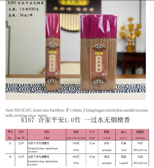 产品型号：K187，产品名称:合家平安，1.0竹，一过水无烟檀香