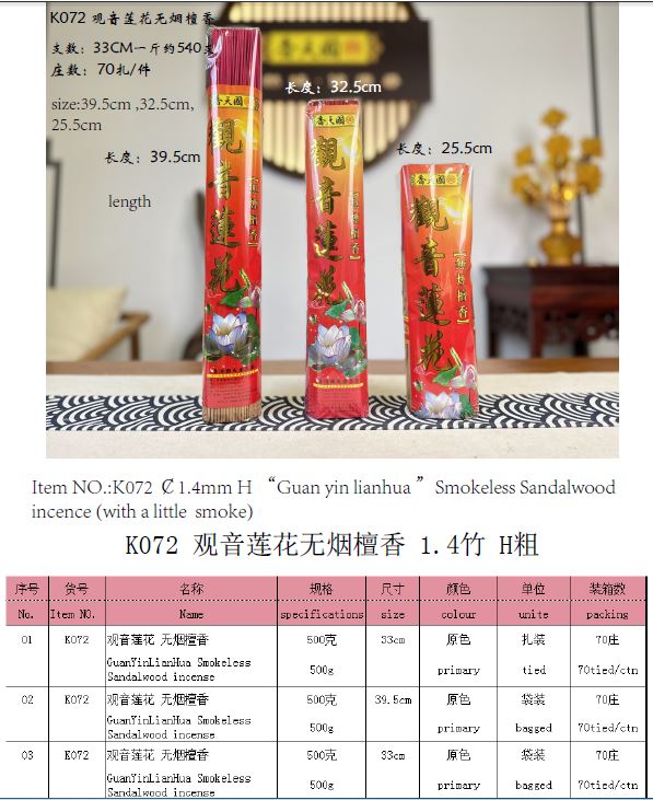 产品型号：K072，产品名称:1.4竹,观音莲花无烟檀香 H 粗