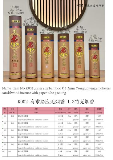 产品型号：K002，产品名称:1.3竹，有求必应檀香无烟香（圆纸筒包装）