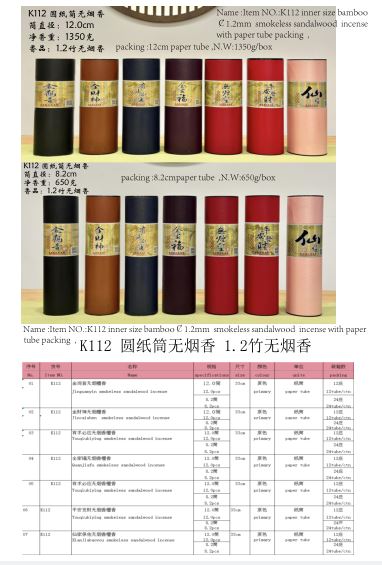 产品型号：K112，产品名称:1.2竹，金观音（金财神，有求必应，全家福，无烟皇，全家福，平安发财，仙保平安）檀香无烟香（圆纸筒包装）