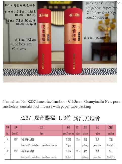 产品型号：K237,，产品名称 :￠1.3mm 观音赐福新纯无烟檀香（圆纸筒￠7.3或 ￠10.0 包装）