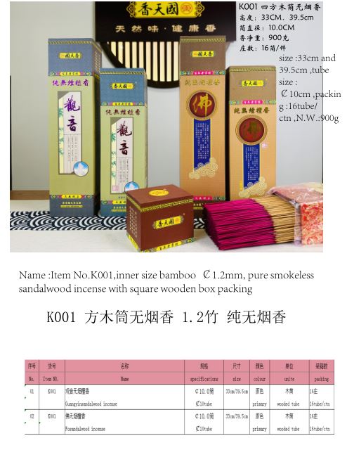 产品型号：K001 ，产品名称：￠1.2mm观音（或者佛）纯无烟檀香木筒包装