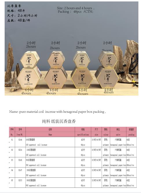产品型号：K144,K214,k146,K147,K153，产品名称：168（188，368，388，868）沉香盘香（六角纸盒包装）