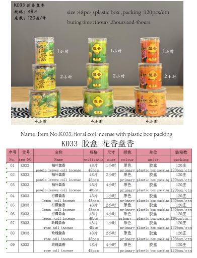 产品型号：K033，产品名称： 胶盒花香盘香（柚叶，柠檬，玫瑰，）