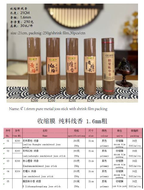 Item NO.:K200,Name :LaoLiao Huangbo Sandalwood Incense, Item NO.:K200 ，Name :Laoliao Hongbo Sandalwood Incense , Item NO. :K208 , Name :Xin shan Sandalwood Incense , Item NO. :K209 , Name :Lao Sandalwood Incense , E Lizhuangzhongxiang Incense