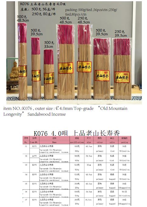 產品型號：K076，產品名稱：上品老山長壽香檀香