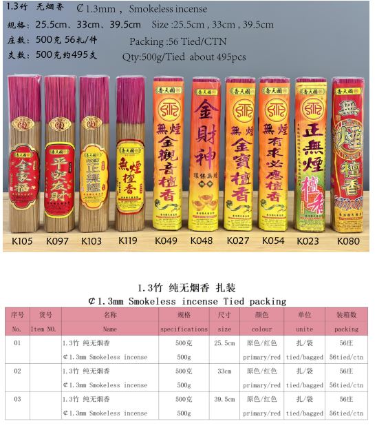 產品型號：K105， K097 ，K103，K119 ，K049，K048，K027，K054，K023,K080，產品名稱：￠1.3mm 全家福（或者平安發財，或正無煙或無煙檀香或金觀音或金財神或者金寶或 有求必應）檀香純無煙香（紮裝）
