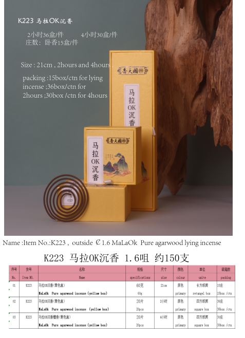 產品型號： K223，產品名稱:馬拉OK 沈香盤香（四方紙盒包裝）