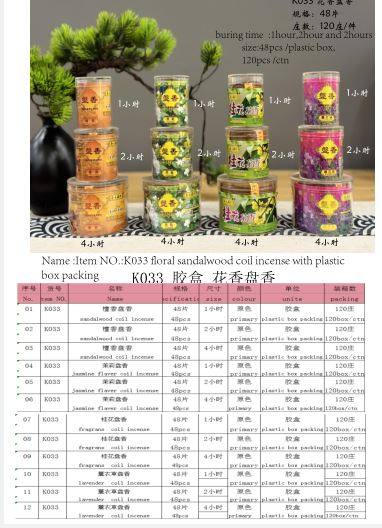 產品型號：K033，產品名稱：膠盒花香盤香（檀香，茉莉，桂花，熏衣草，）
